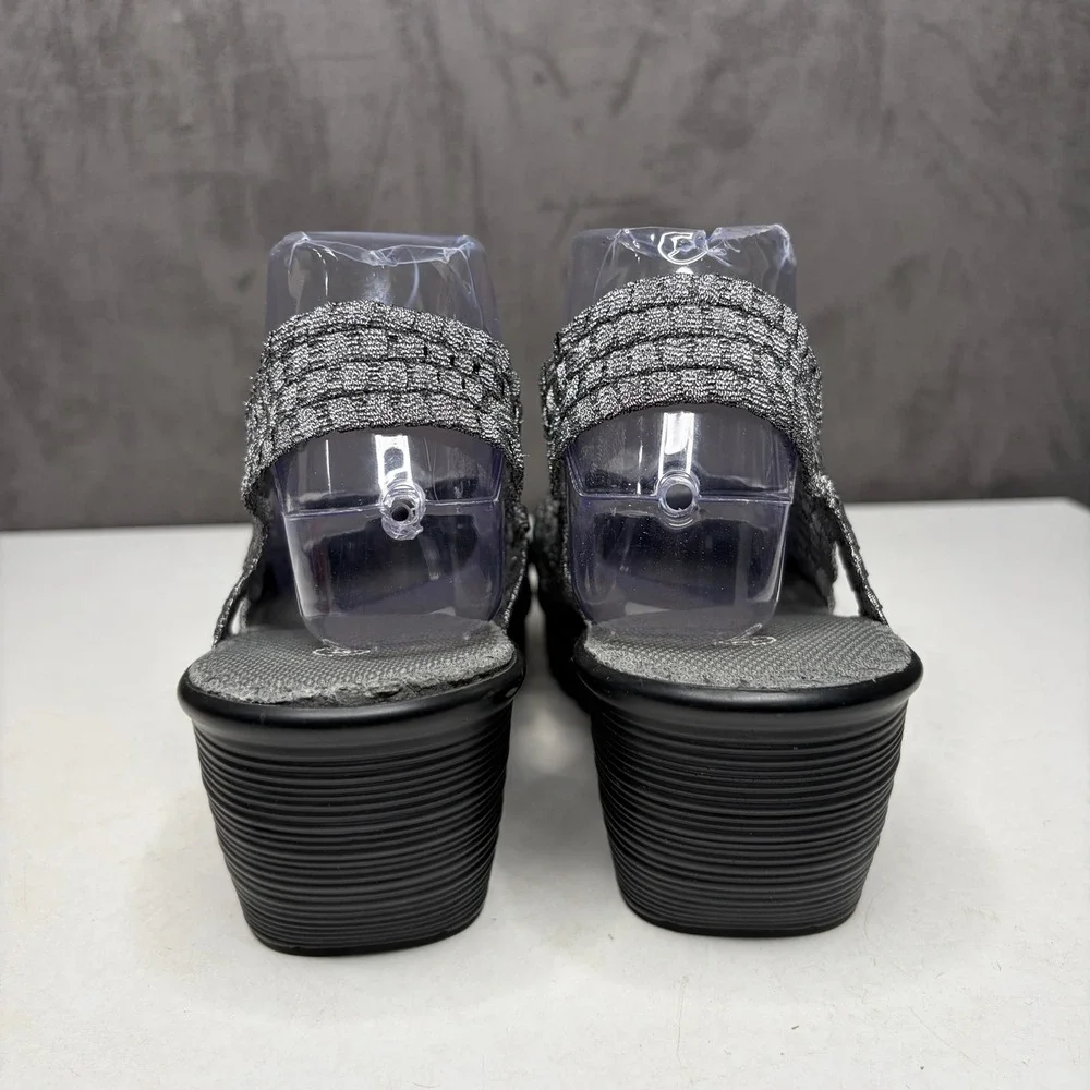 Bernie Mev Lulia Wedge Sandals Womens 41 Silver Woven Elastic Mary Jane Platform